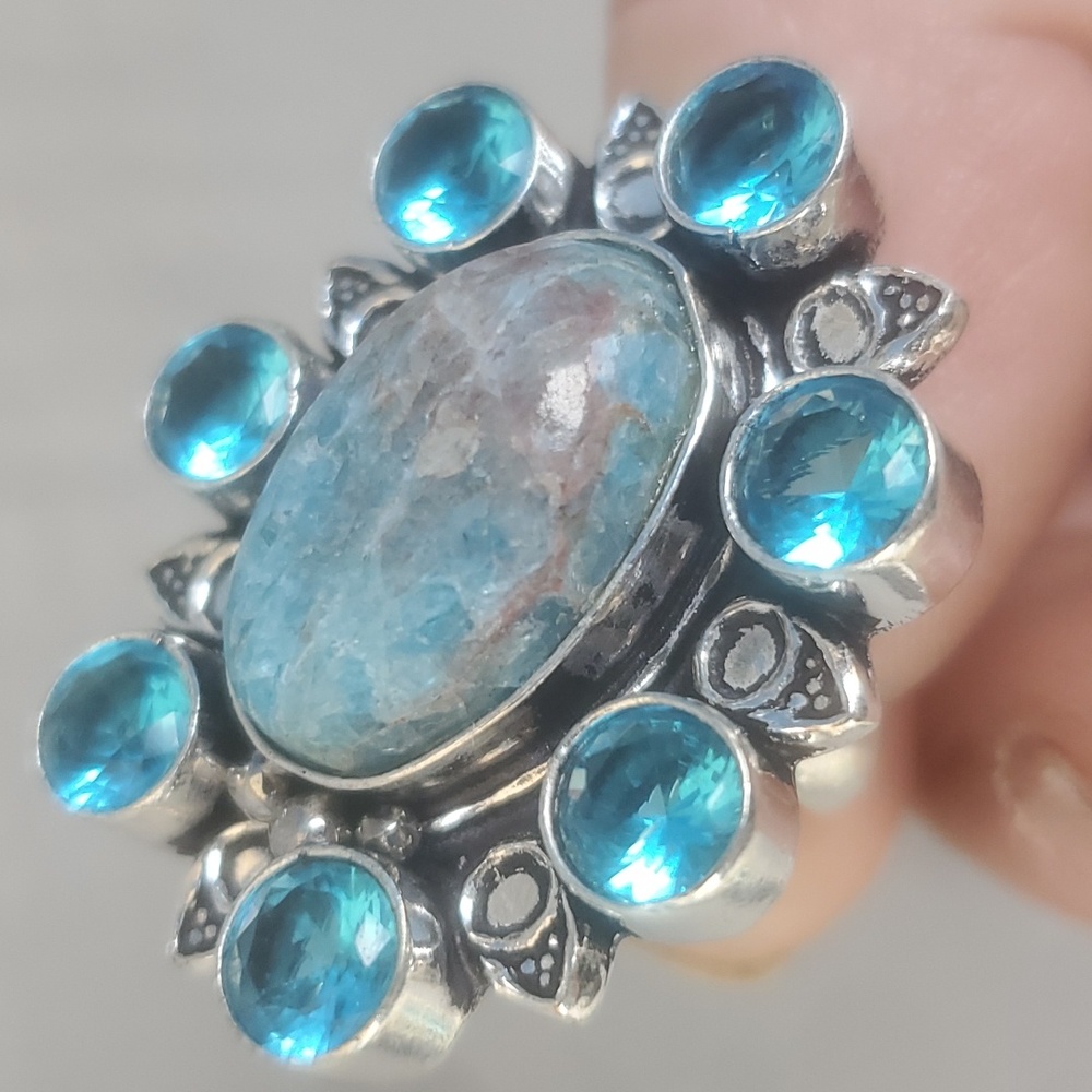 New Blue Apatite & Blue Topaz 925 Silver Statement Ring. - Picture 14 of 14